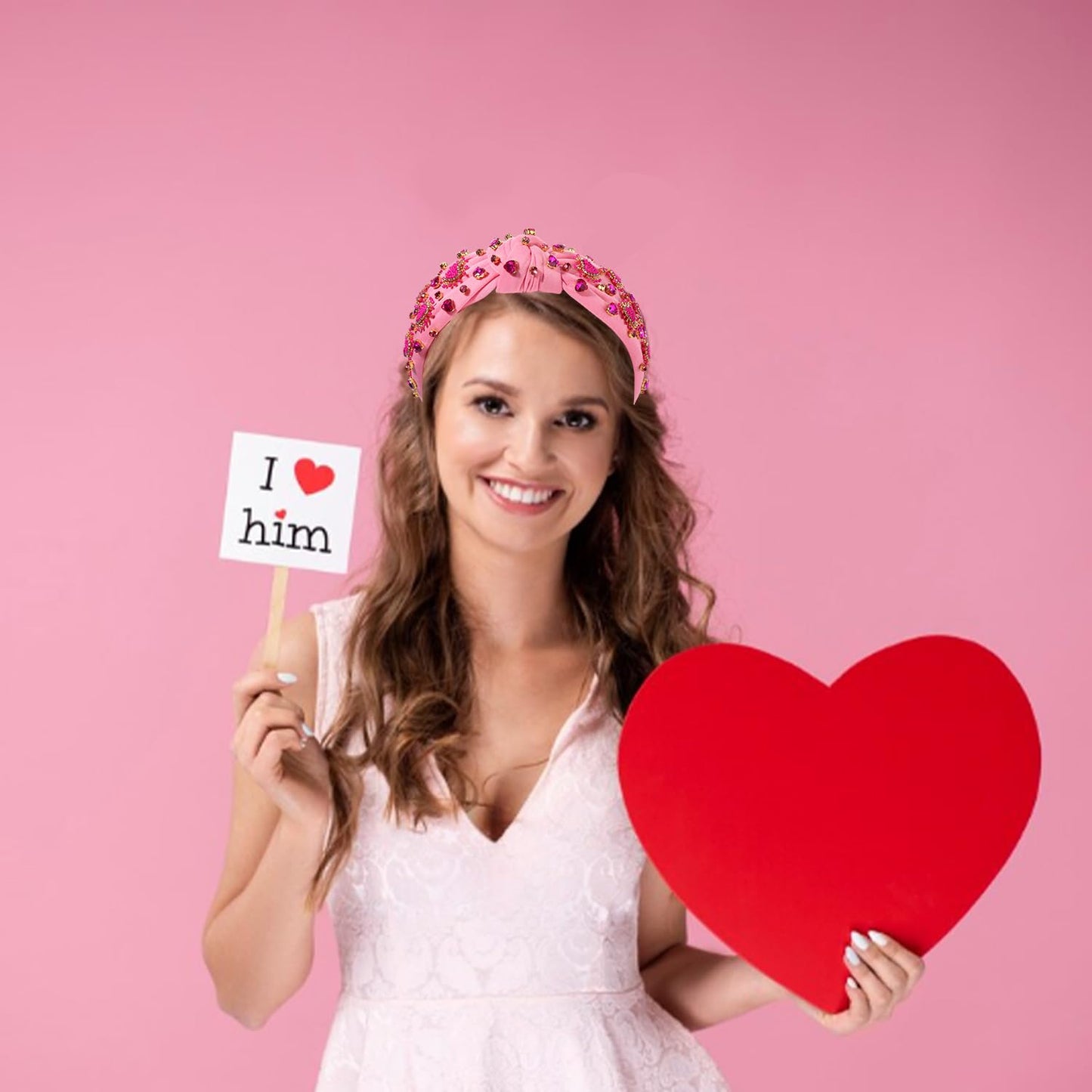 NVENF Women's Jeweled Crystal Rhinestone Knotted Headband - Red Pink Wide Top Knot Hair Accessory Gift