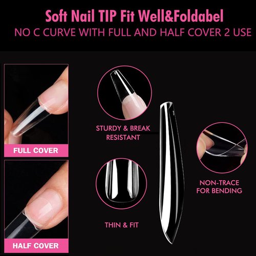 UNA GELLA Long Coffin Nail Tips 504pcs Clear Long Gel Nail Tips Coffin Pre-shaped Full Cover Fake Nails Acrylic False Press on Nails For Nail Extension DIY Salon Soft Gel Tips 12 Sizes