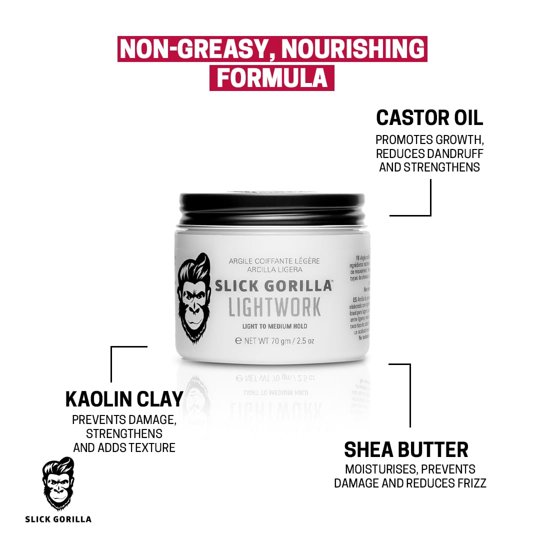 Slick Gorilla Lightwork Matte Hair Clay - Flexible Hold & Natural Texture | 2.5 oz Water-Based Grooming Clay