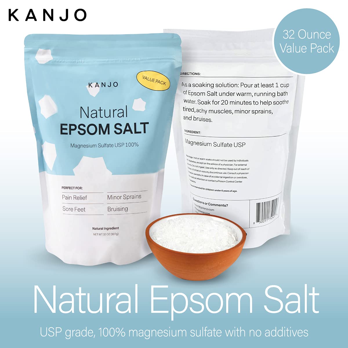 FSA HSA Eligible Kanjo Natural Epsom Salt | 100% Pure Magnesium Sulfate Bath Salt | Natural Epsom Salt Soak for Muscle Pain, Foot Pain Relief | Unscented | 32 oz Bag