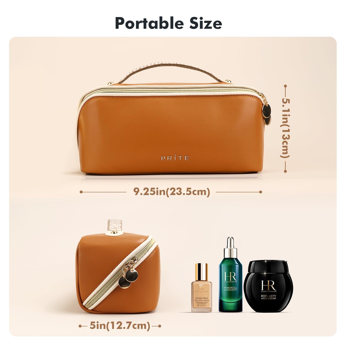 Prite Travel Cosmetic Bag Makeup Organizer Bag For Women Large Capacity Waterproof PU Leather Toiletry Bag with Jacquard Ribbon Handle and Clear Divider(New Brown)