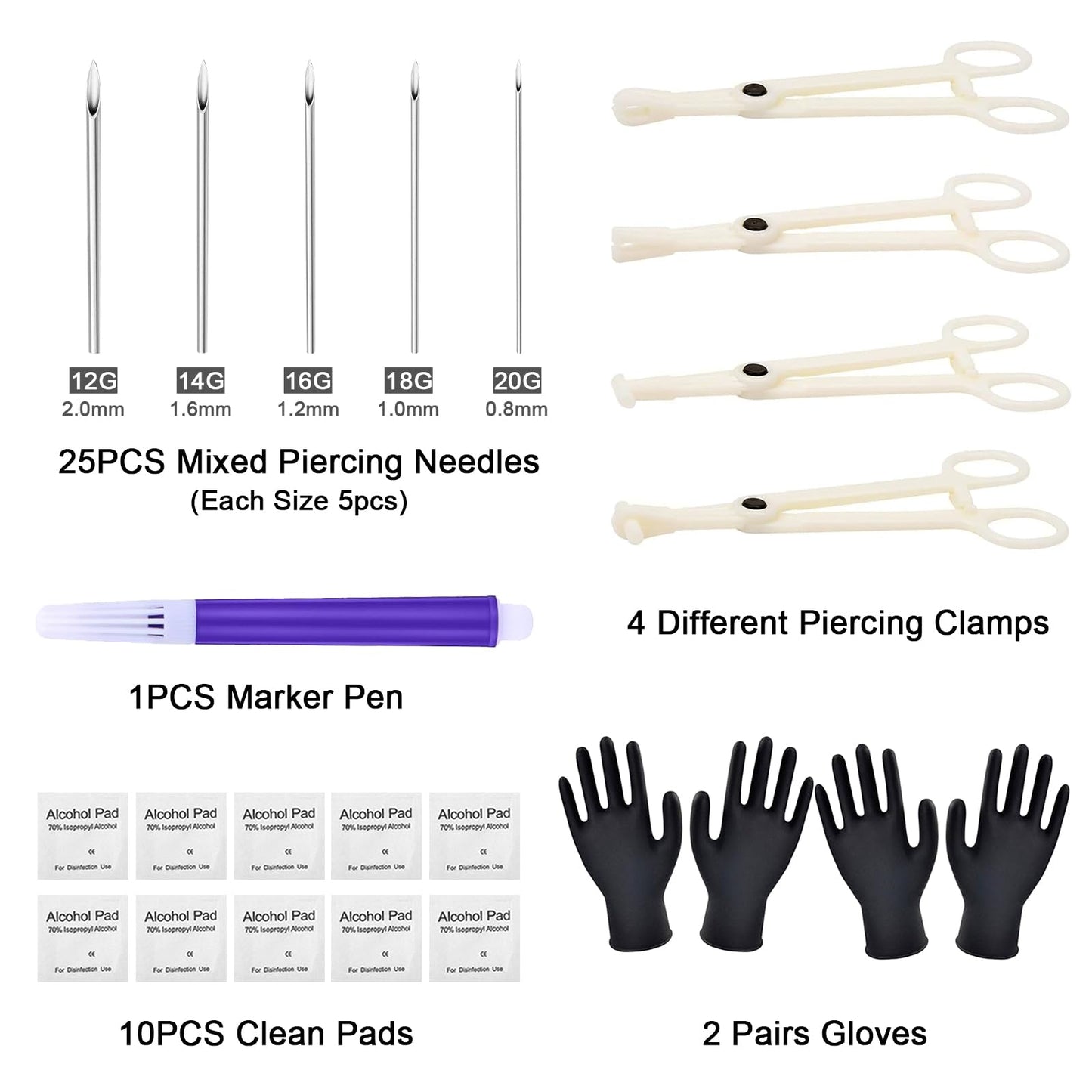 Piercing Kit - 42 Piercing Needles Kit with 25 Piercing Needles 12G 14G 16G 18G 20G for Ear Nose Septum Belly Button Tongue Nipple Eyebrow Lip Eyebrow Cartilage Tragus and 4 Disposable Piercing Clamps