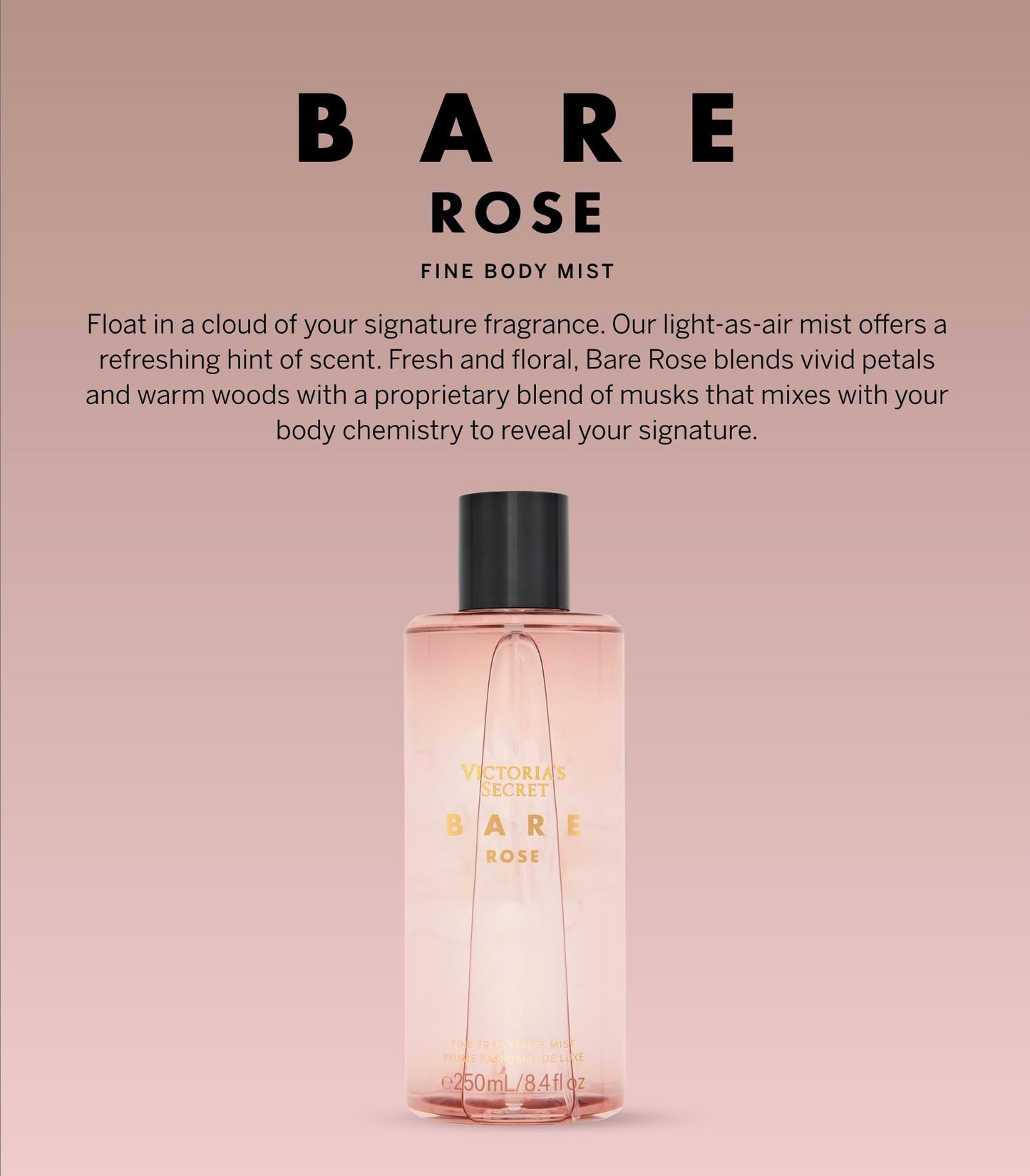 Victoria's Secret Bare Rose Fragrance Mist, Notes of Pear Skin, Rosa Centifolia & Sheer Woods, Body Spray for Women (8.4 oz)