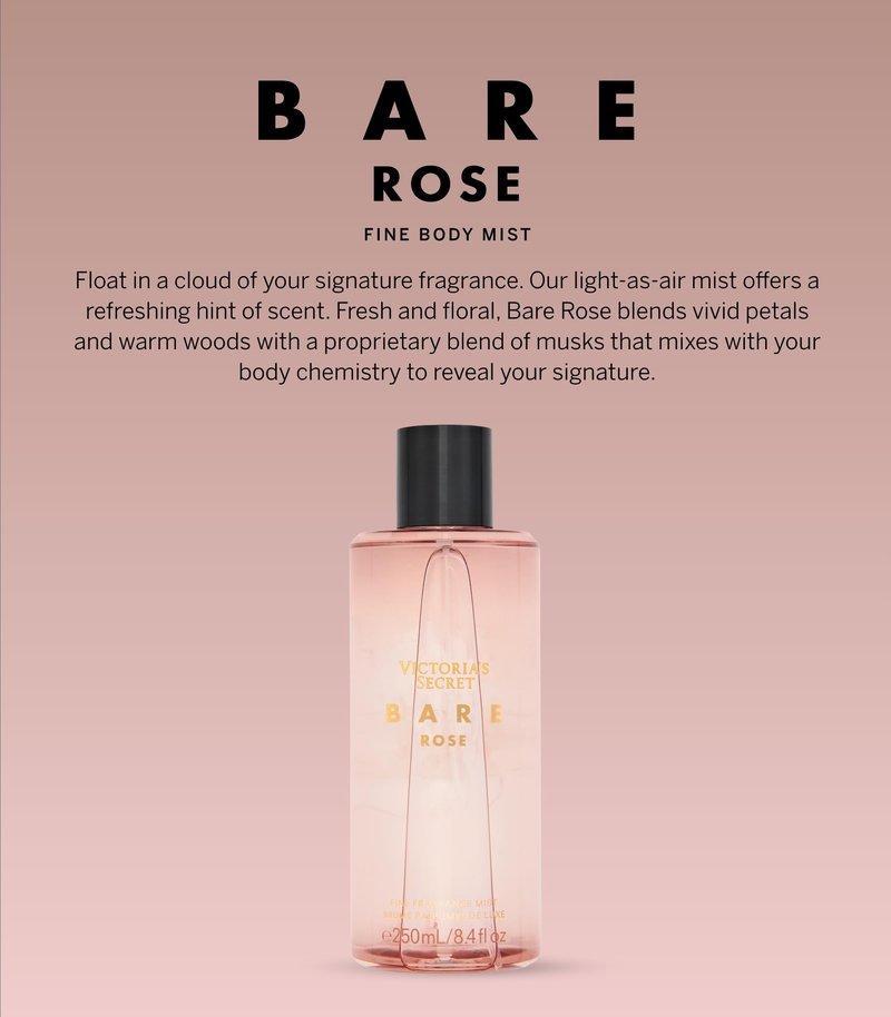 Victoria's Secret Bare Rose Fragrance Mist, Notes of Pear Skin, Rosa Centifolia & Sheer Woods, Body Spray for Women (8.4 oz)