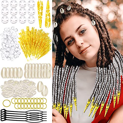 455 Pcs Locs Hair Jewelry Clear Beads Dreadlocks Accessories for Women Cornrow Braids Dreadlock Metal Clips Shell Pendant Charms Hair Decoration (Gold)