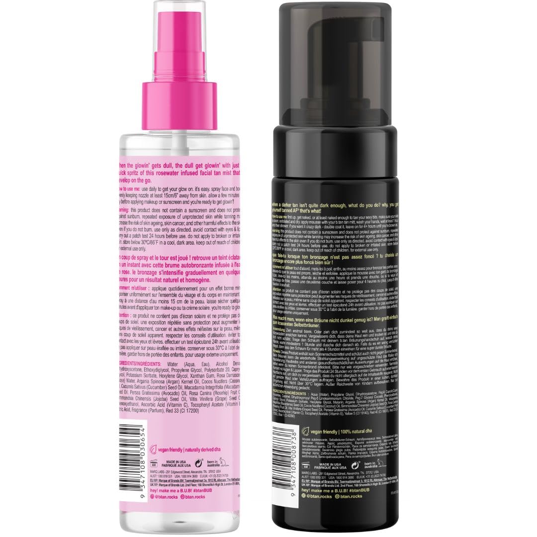 b.tan Dark Self Tan & Face Mist Kit | b.tan + Glow Bundle - Self Tanning Mousse with Gimme The Glow Down Gradual Face + Body Mist w Self Tanning Mitt Applicator, 1 Hour Sunless Tanner, Fast, 6.7 Fl Oz