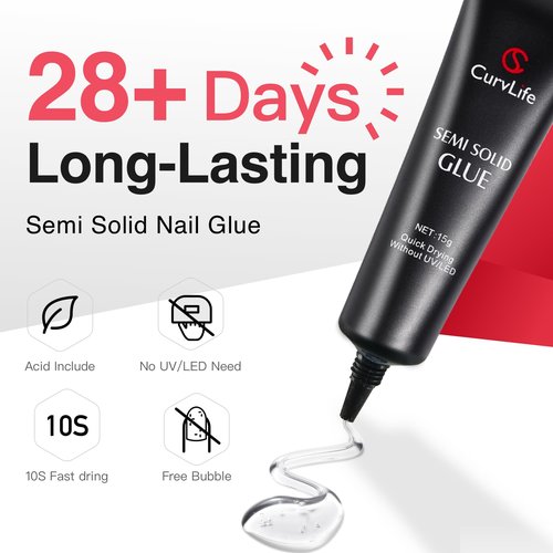 Curvlife 15g Semi-Solid Glue Gel and 20ml Pinpoint Glue Remover Kit for Press on Nails, Quick Dry No UV Lamp Needed with Gentle Non-Acetone Remover For Fake Nail Tips