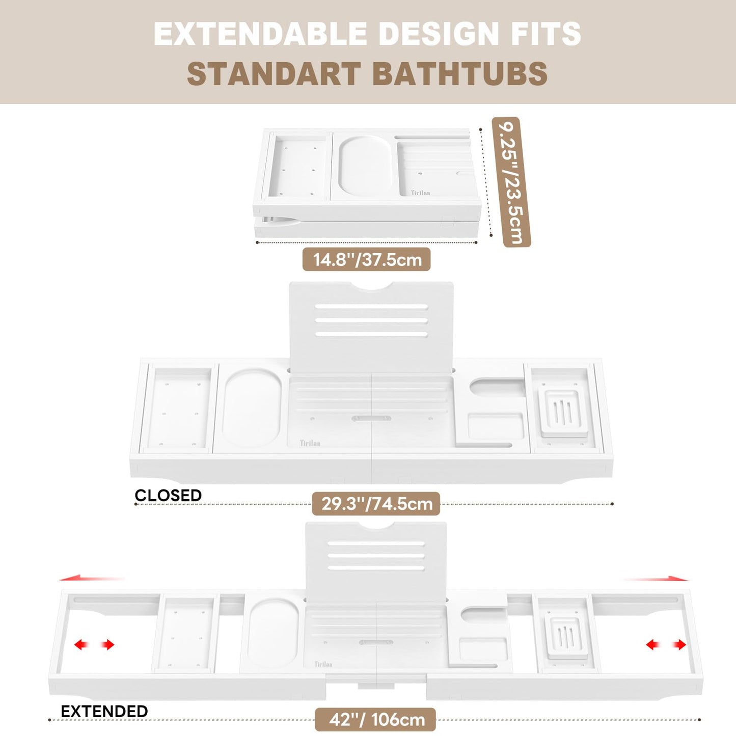 Yirilan Foldable Bamboo Bathtub Tray Caddy, Bathtub Tray, Can Place Wine Glasses, Books, Mobile Phones Multifunctional Bath Tub Tray, Suitable for Gifts in Various Festivals, White