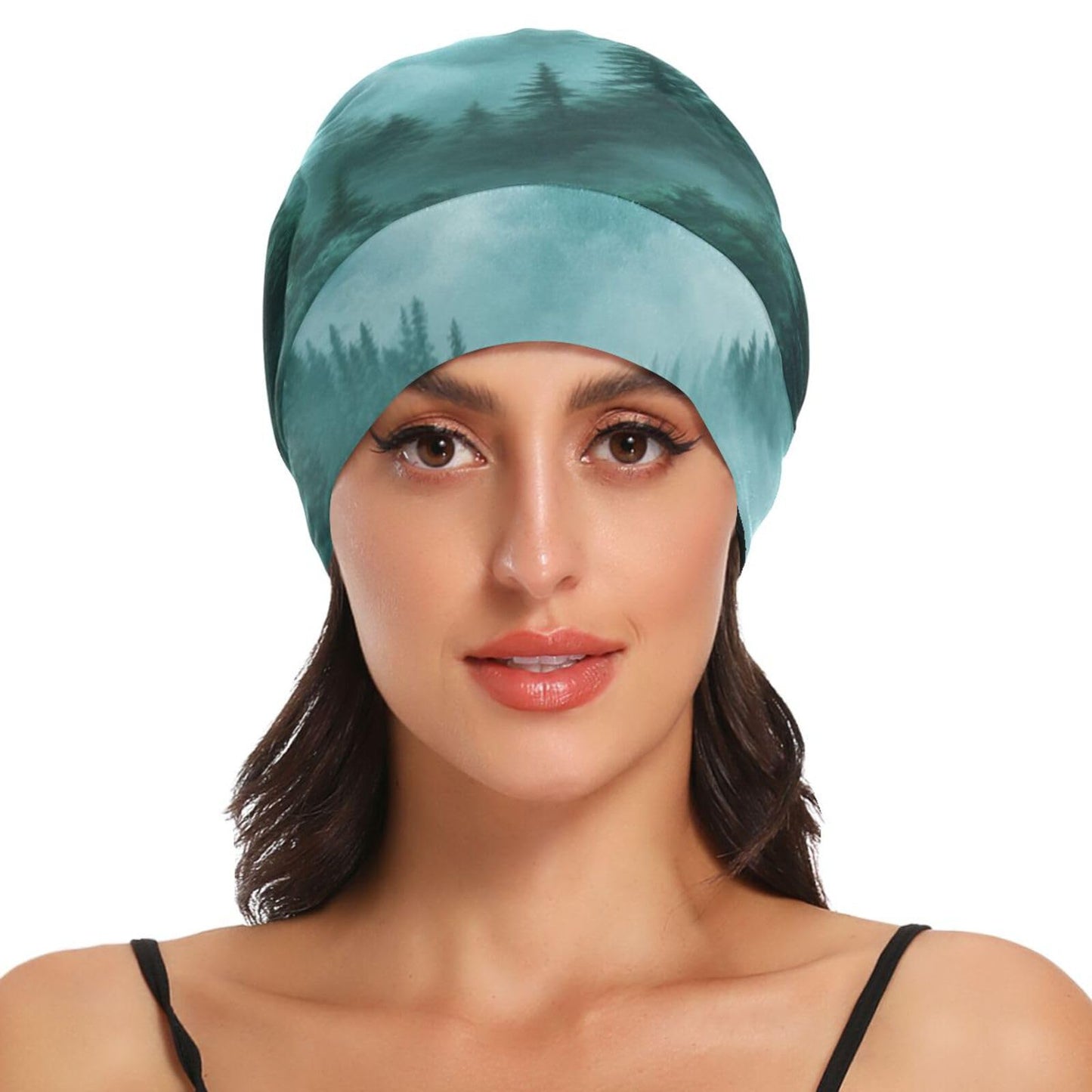 ElliTarr Beanie Hat Satin Bonnet Lined Sleep Cap Hair Wrap Cover Slouchy Beanie for Curly Hair Protection for Gifts for Men Women Foggy Green Mountains and Pine Trees