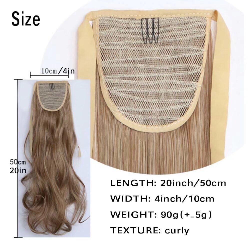 iLUU 20" Long Synthetic Ribbon Ponytail Clip Heat Resistant 90g Curly Wavy Hairpiece Ponytail #10/613 Brown and Bleach Blonde Piano Color Clip in Hair Extensions