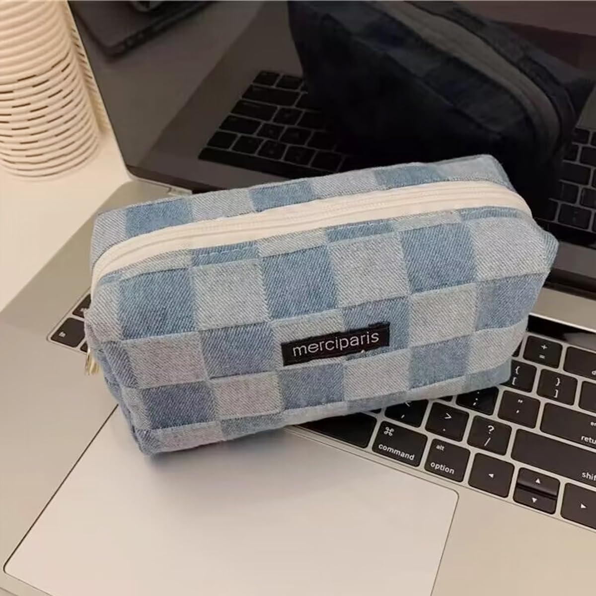 Cosmetic Bags for Women Makeup Bag Large Capacity Purse Travel Toiletry Zipper Storage Pouch Make up Brushes Organizer for Gifts (Checkered, Denim Blue)