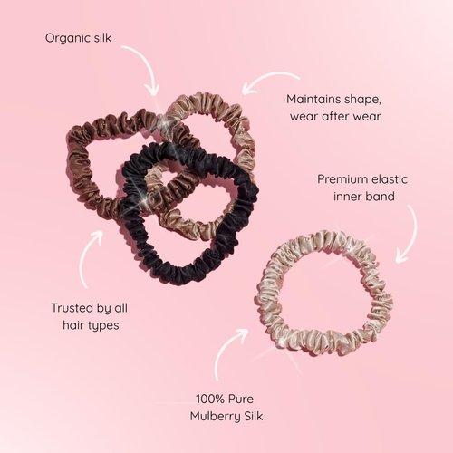 SILKIE x4 Set - Forget Satin - 100% Pure Mulberry Silk Black Brown Skinny Scrunchies Travel Pouch Everyday Hair Ties Elastics Hair Care Ponytail Holder No Damage (Chocolate)