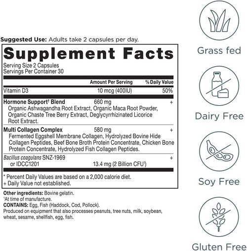 Ancient Nutrition Hormone Balance Supplement - Hydrolyzed Collagen Peptides for Energy & Hormonal Support | 60 Capsules