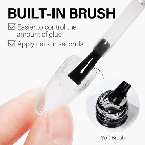 AILLSA 4 in 1 Nail Glue Gel for Acrylic Nail Tips, 15ML UV Nail Glue Long Lasting Brush On Nail Glues for Clear Fake Nail Tips and Rhinestone Pearl Foil, Lamp Curing Needed
