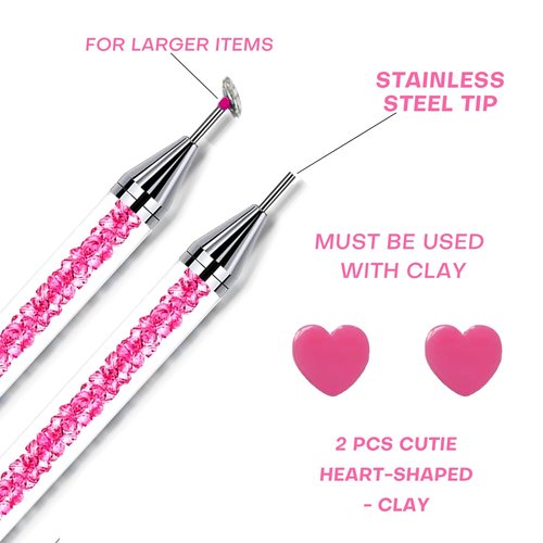 Pink Rhinestone Picker Tool Set - 2 Pcs Dual-Head Wax Pens with 2 Wax Tips and 2 Pink Tweezers, Wax Pencil for Rhinestones, Crystal Diamond Pickup Tool for Nail Art, Gem and Crystal Application Kit