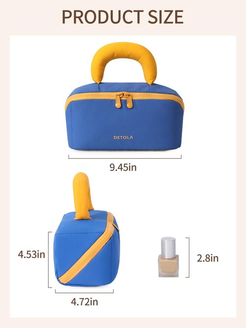 Detola Travel Makeup Bag, Cosmetic Bags for Women Lay Flat Makeup Bag with Compartments and Handle Waterproof Toiletry Bag Wide Open Portable Pouch Travel Essentials Gifts for Women, Blue
