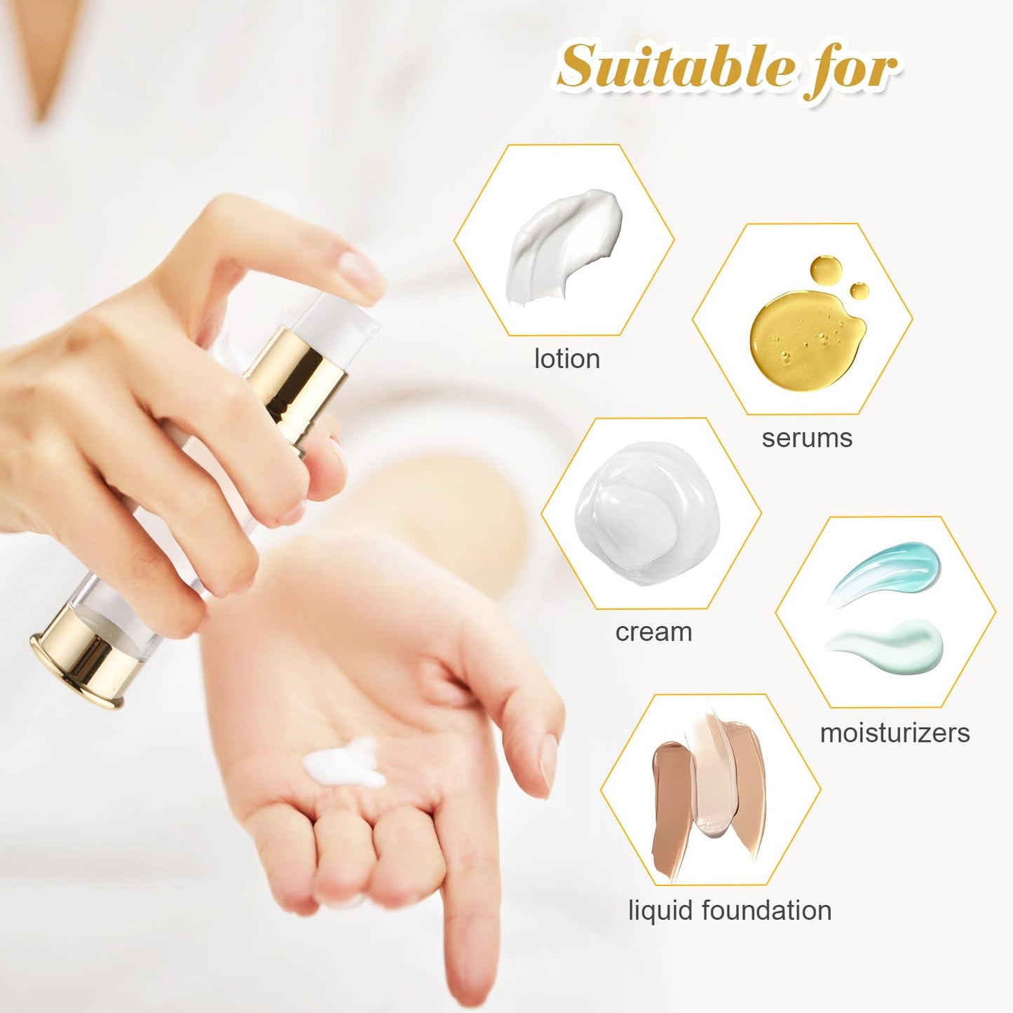 10 Pcs Empty Airless Pump Bottle Travel Cosmetic Cream Pump Bottle Refillable Vacuum Dispenser Pump Containers for Lotion Cream and More (gold-10ml)