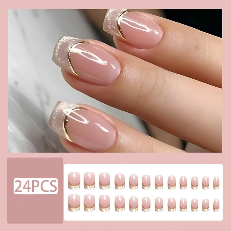 Short Press on Nails Cute Square French Tip Fake Nails with Glitter French Designs Nude Glossy Acrylic Nails Gold Stripes False Nails Reusable Artificial Glue on Nail for Women Girls 24Pcs