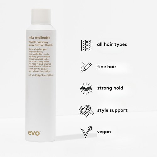EVO Miss Malleable Flexible Hairspray - Strong Hold Hairspray, Malleable For Long Lasting Style, Shape Control & Brushable Finish - 9.0oz