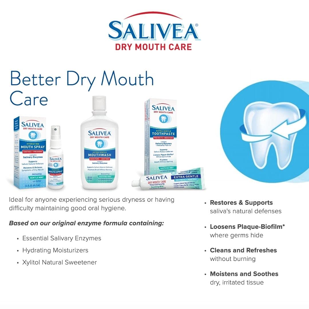 SALIVEA Dry Mouth Toothpaste - Soothing Mint Toothpaste with Natural Salivary Enzymes - Gentle Toothpaste to Aid Dry Mouth Care - Natural, Paraben Free Dry Mouth Toothpaste - Mint Flavor (4.3 oz Tube)