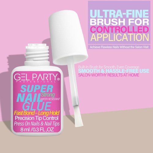 GELPARTY Super Strong Brush On Nail Glue for Press On Nails & Tips - Quick Dry Clear Acrylic Nail Adhesive (8ml) - Long Lasting Salon Bond for Fake Nails & Broken Nail Repair - Mess-Free Application