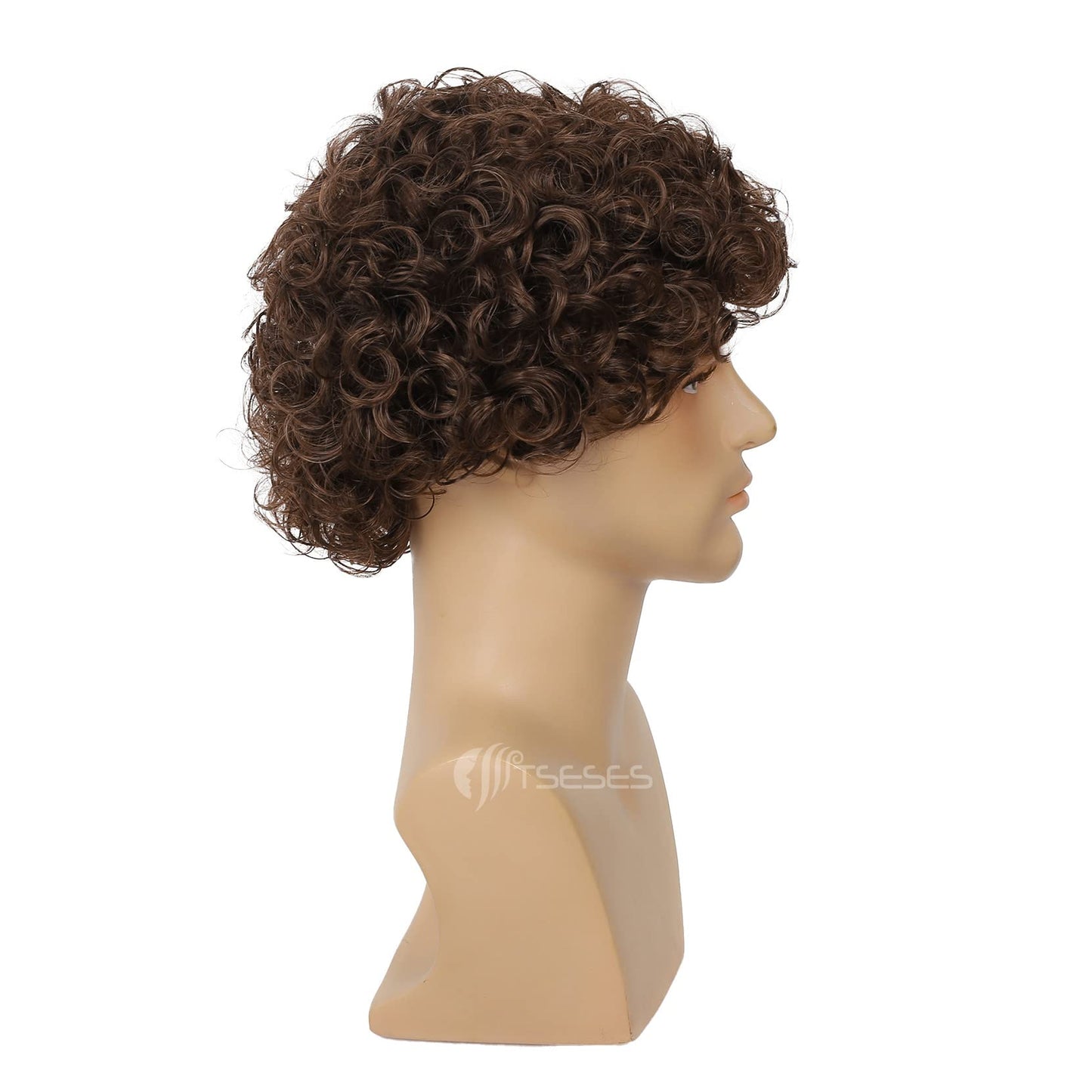 Tseses Brown Curly Short Afro Wig for Male Guy California Mens Cosplay Costume Daily Hair Synthetic Heat Resistant Mens Full Wigs