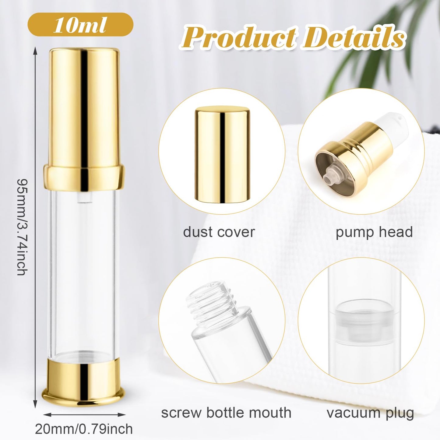 10 Pcs Empty Airless Pump Bottle Travel Cosmetic Cream Pump Bottle Refillable Vacuum Dispenser Pump Containers for Lotion Cream and More (gold-10ml)