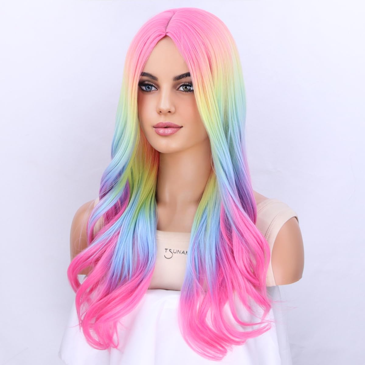 MAGQOO Rainbow Wig for Women Colorful Multicolor Wig Long Curly Wavy Wig Synthetic Halloween Cosplay Party Wig(Ombre Rainbow)