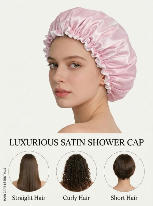 Aquior Waterproof Shower Caps for Women - Reusable Hair Cap with Soft Elastic | Large Pink Design for Long Hair