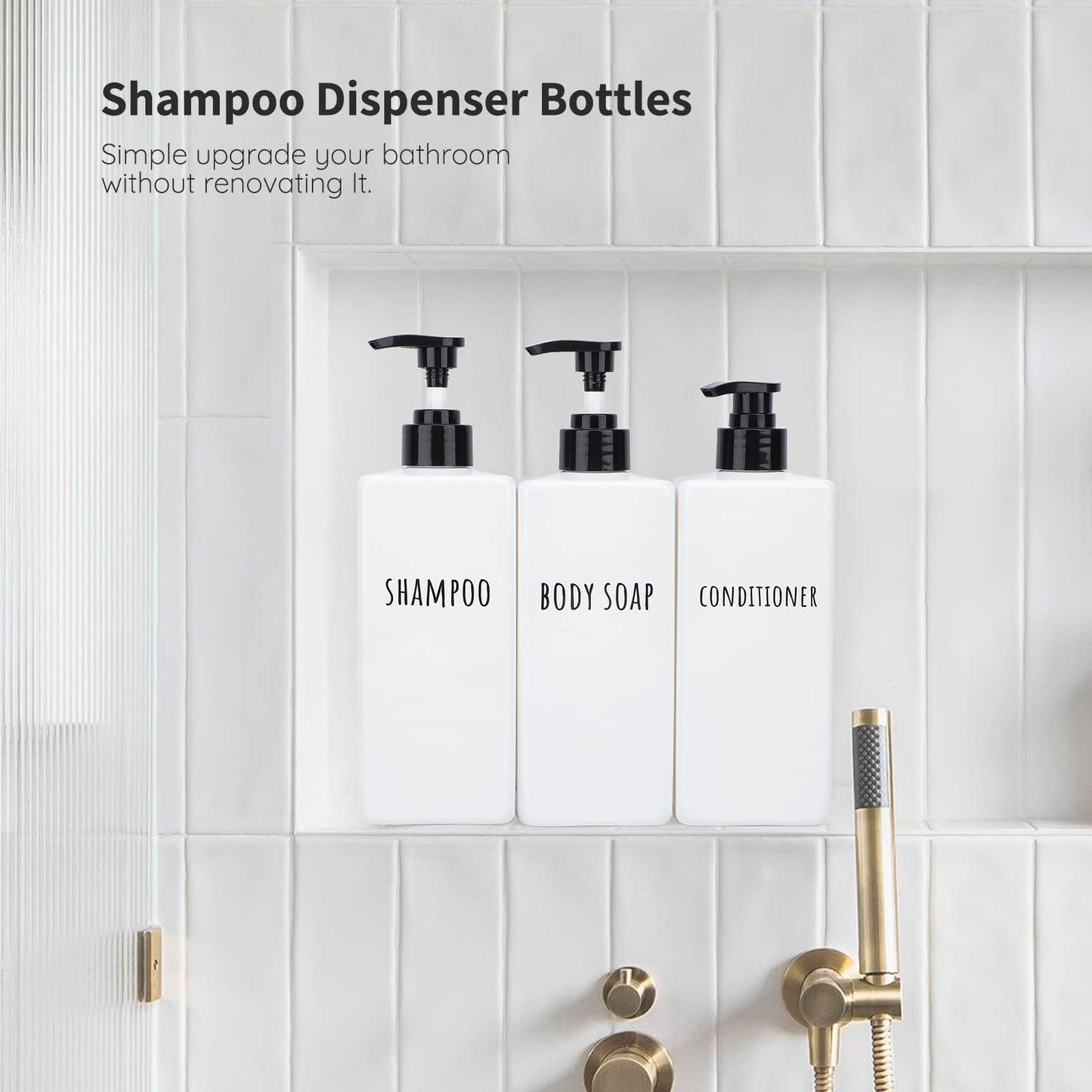 Segbeauty Plastic Soap Dispenser, 3pcs 16.9oz Refillable Shampoo Bottles White, 500ml Empty Square Pump Press Bottle Shower Dispenser Lotion Container for Modern Bathroom Hotel Kitchen