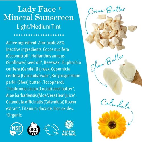 Earth Mama Lady Face® Tinted Mineral Sunscreen Stick SPF 40 - Light/Medium Tint | Organic Shea & Cocoa Butter Blend