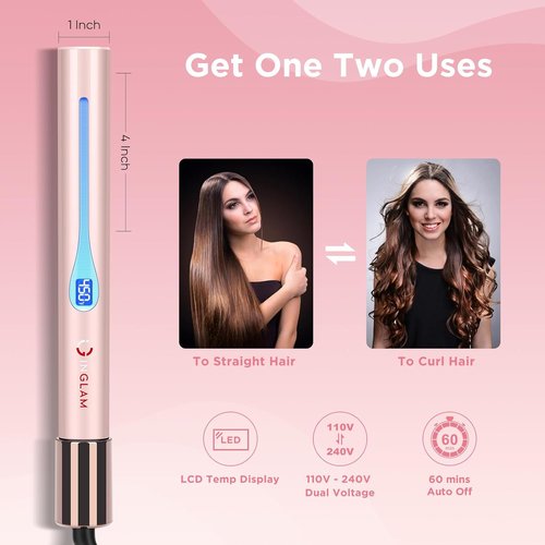 IG INGLAM Titanium Flat Iron Hair Straightener - 1 Inch Infrared Curling Iron | Dual Voltage 110-240V, Pink
