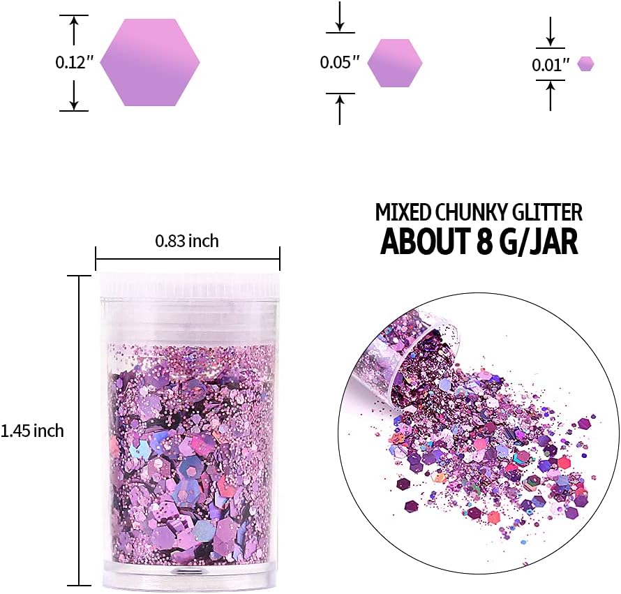 Holographic Chunky Glitter Sequins, 12 Colors Mixed Cosmetic Glitter for Face Body Eye Hair Nail Art Lip Gloss Makeup, Festival Glitter with Different Hexagons Size and Stars (Laser Mix)