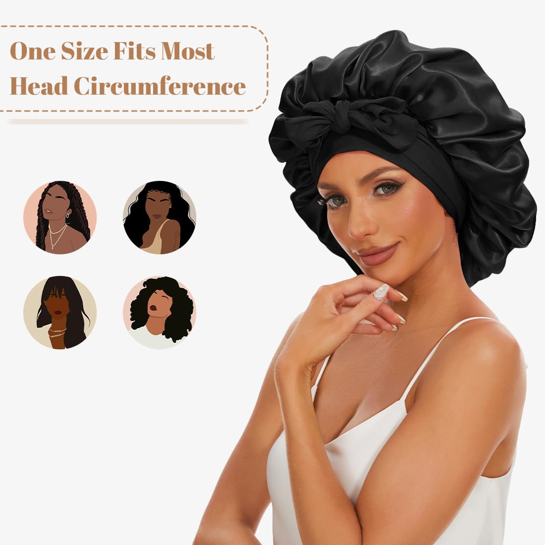 KEPUWAY 10 PCS Bonnet, Satin Sleep Bonnet for Women with Wide Elastic Tie Band, Large Capacity Hair Bonnets for Sleeping, Large Satin Bonnet for Sleeping (Black)
