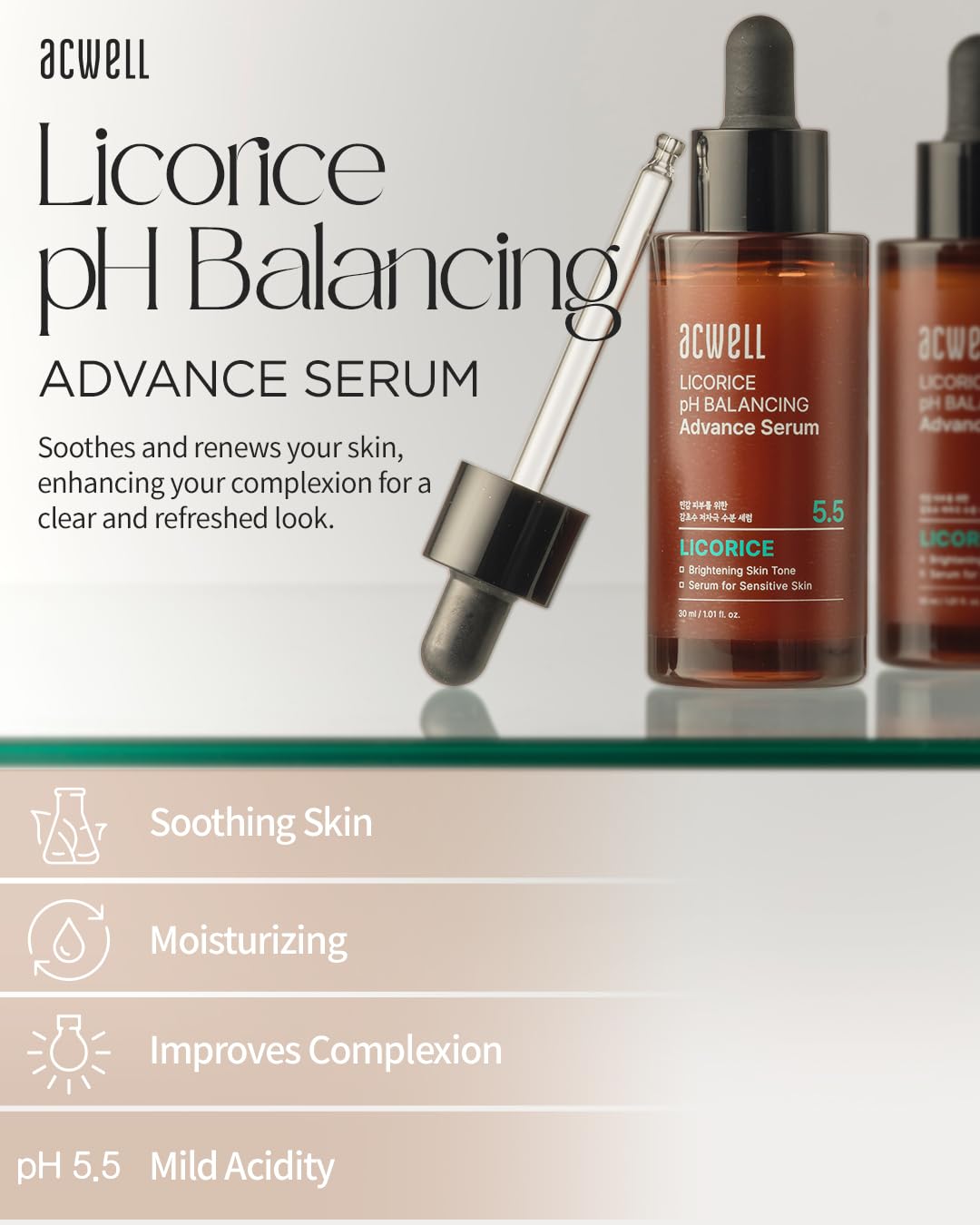 ACWELL Licorice pH Balancing Advanced Facial Serum Ampoule 1.01 fl.oz. - Radiance and Dark Spot care Face Serum for Dull Skin, Reduces Acne and Blemishes, Minimizes Fine Lines, Healthy Glow Skin