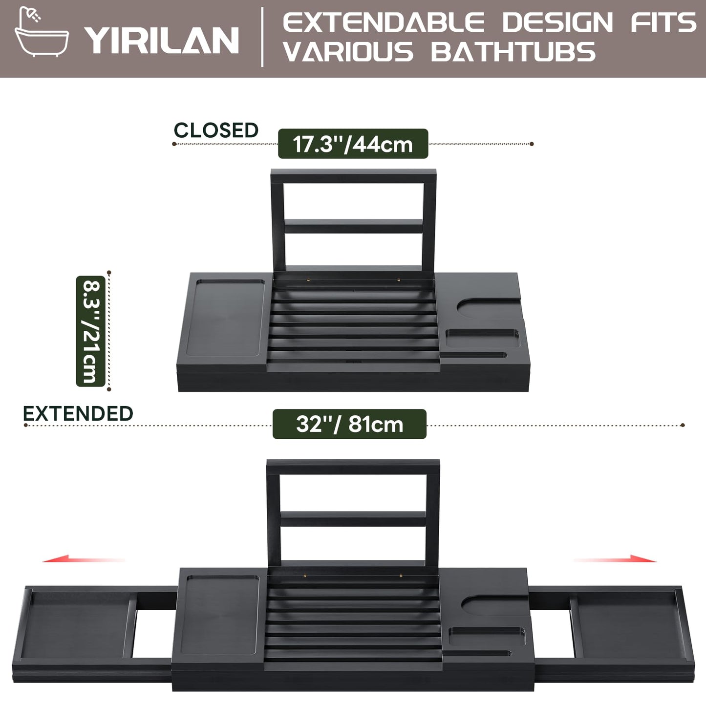 Yirilan Bamboo Bathtub Tray, Expandable Bathroom Tray, Waterproof Tray Caddy, Perfect Bath Caddy for Home Spa, Gift for Loved Ones, Black