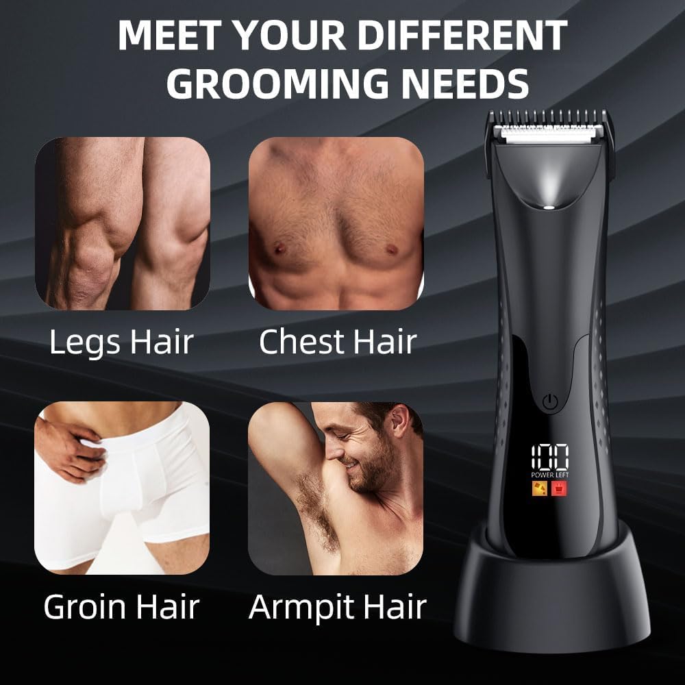 7d24hcare Groin Hair Trimmer - Electric Manscape Trimmer for Men, Waterproof Ball Trimmer for Pubic/Body/Groin Grooming with Ceramic Blade, LED Light, Charging Base