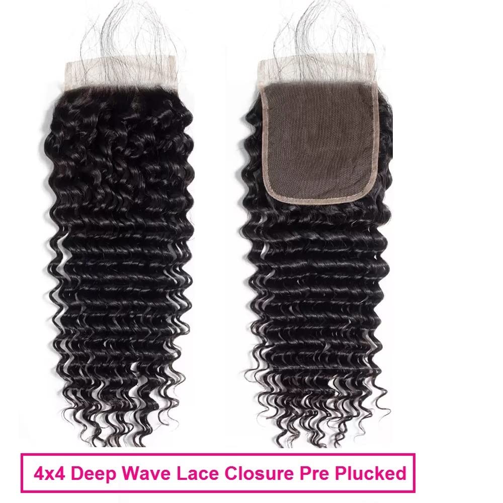 4x4 HD Lace Closure Human Hair 12 Inch Deep Wave Closure Pre Plucked with Baby Hair Free Part Transparent Lace Closure 100% Unprocessed Brazilian Virgin Human Hair Closure 1B Natural Black