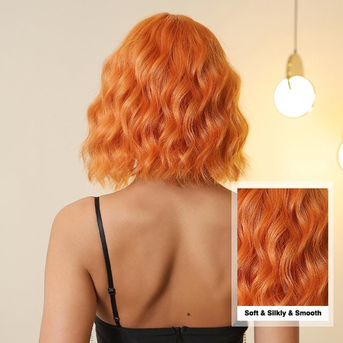 Allbell Ginger Orange Wigs for Women, Short Wavy Bob Wig,Bob Wig with Bangs,Synthetic Short Curly Wave Wigs, Costume Wig,Pastel Wig, Fiber Hair Wigs for Cosplay