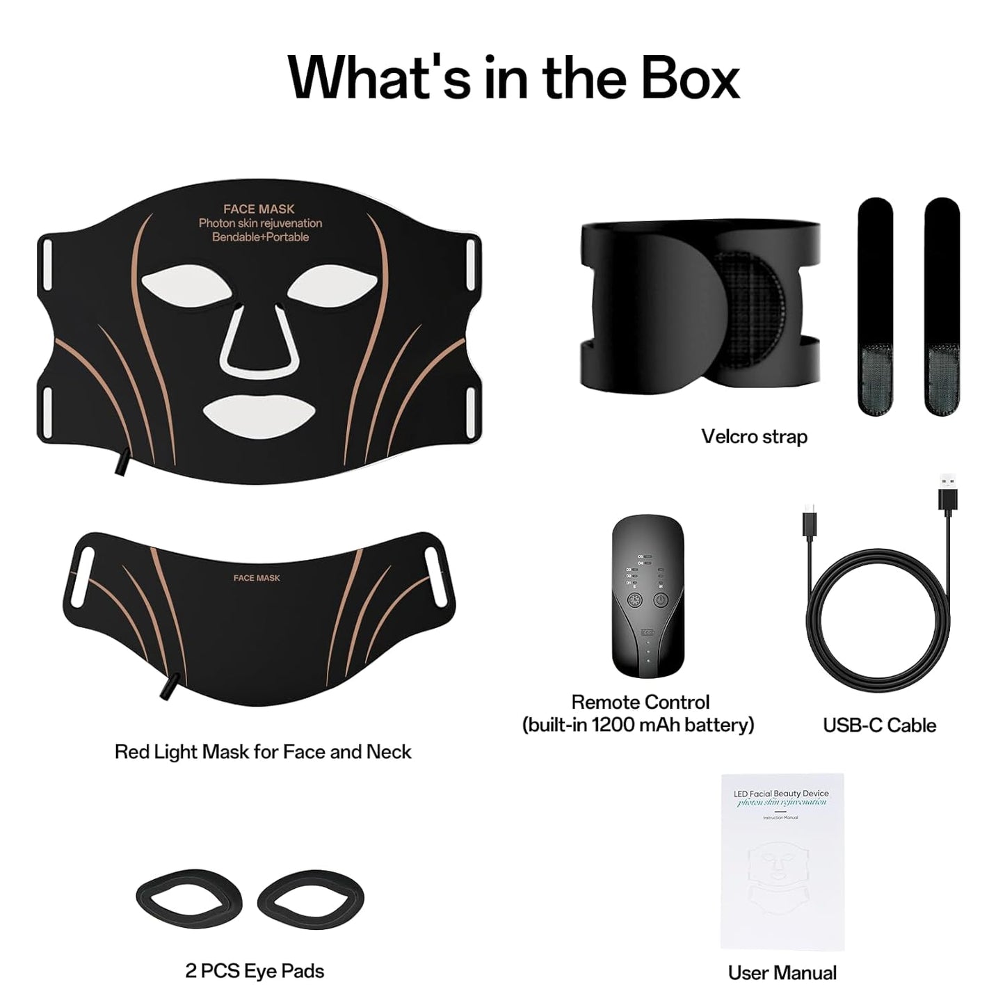 Facego Red Light Mask - Rechargeable Portable Face & Neck Treatment | 7 Color Options (Black)
