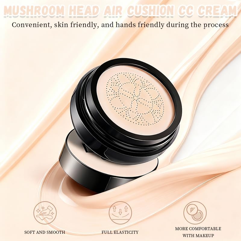 Hush Foundation for Mature Skin – Warm Tone CC Air Cushion Foundation, Full Coverage Long-Lasting BB Cream with Mushroom Applicator, Natural Radiant Finish