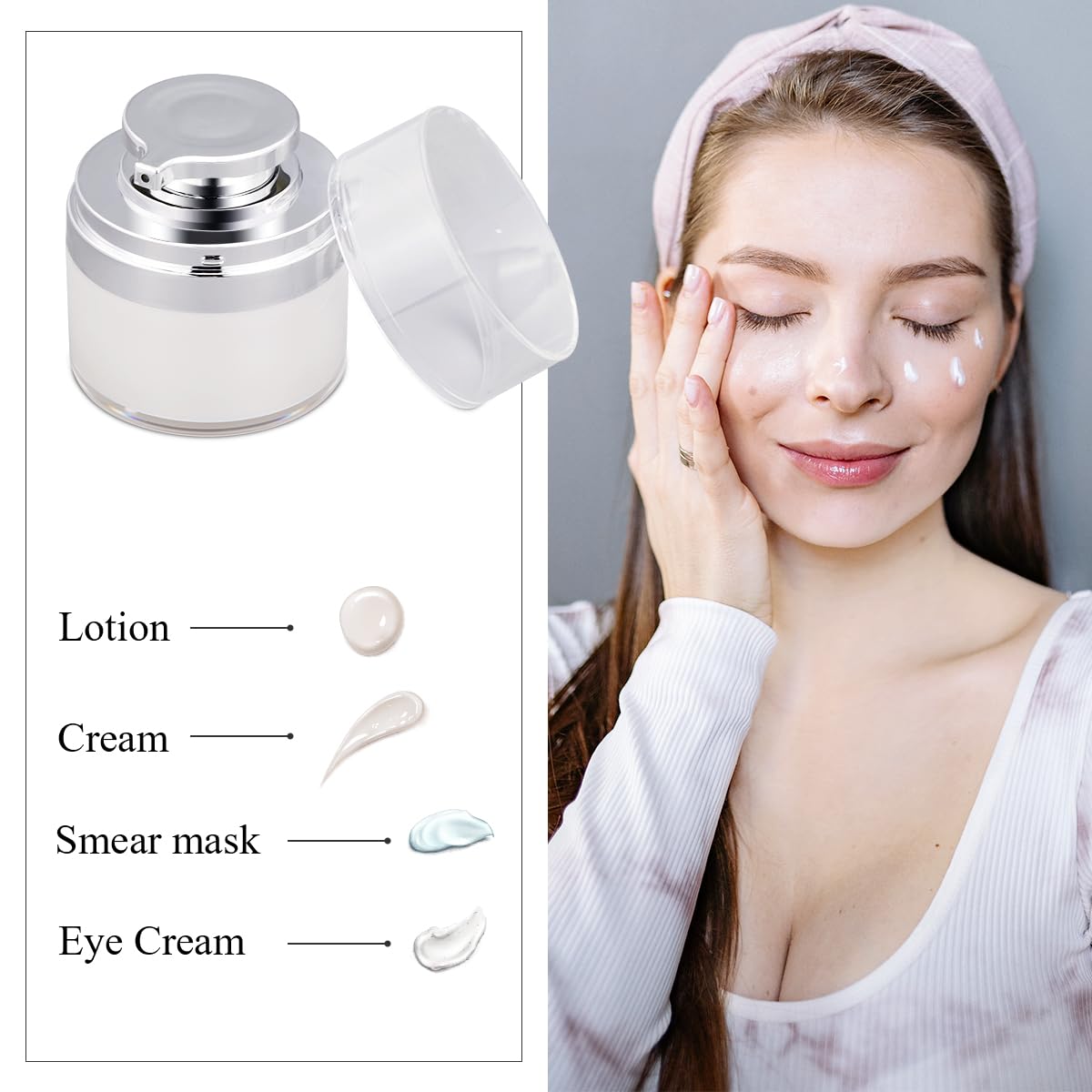 UMETASS 2-Pcs 1.7oz Airless Pump Jar, Refillable Cream Jar Vacuum Bottle Travel Size Empty Container for Cream and Lotion (1.7 oz-White)