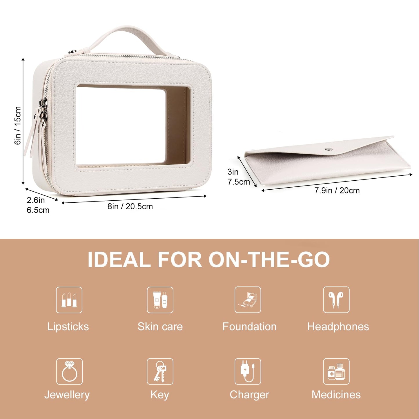 EcoVision Clear Makeup Bag, Travel Cosmetic Accessory Bag, Toiletry Organizer Bags for Women, Portable Waterproof Zipper Cosmetic Bag with Transparent Window, Beige