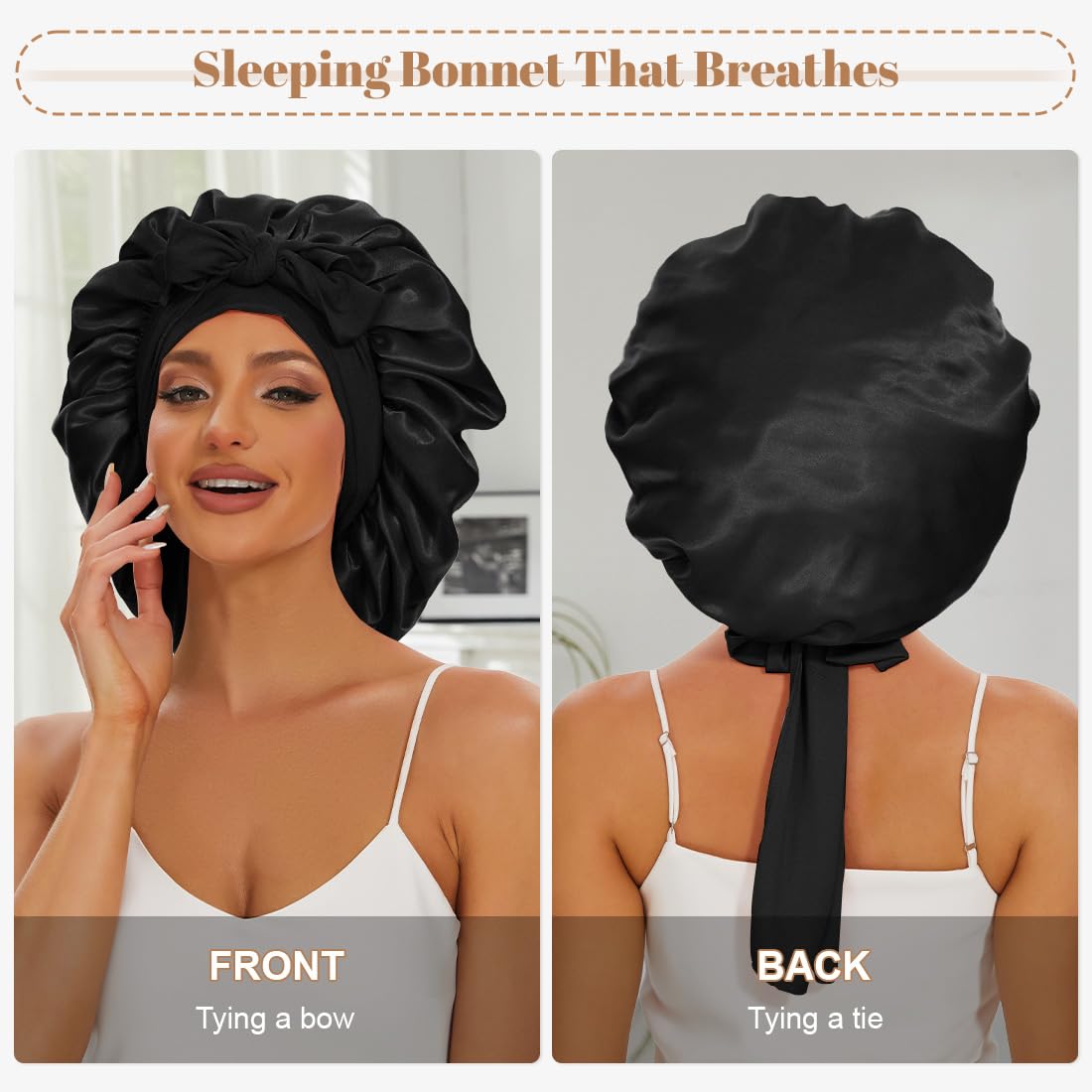 KEPUWAY 10 PCS Bonnet, Satin Sleep Bonnet for Women with Wide Elastic Tie Band, Large Capacity Hair Bonnets for Sleeping, Large Satin Bonnet for Sleeping (Black)