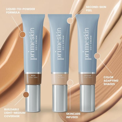 Prime Prometics PrimeSkin CC+ Cream - Lightweight Liquid-to-Powder Foundation for Mature Skin | Blurs Pores & Covers Age Spots (Light)