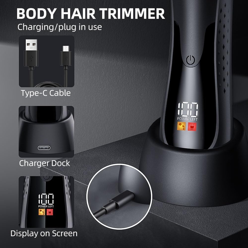 7d24hcare Groin Hair Trimmer - Electric Manscape Trimmer for Men, Waterproof Ball Trimmer for Pubic/Body/Groin Grooming with Ceramic Blade, LED Light, Charging Base