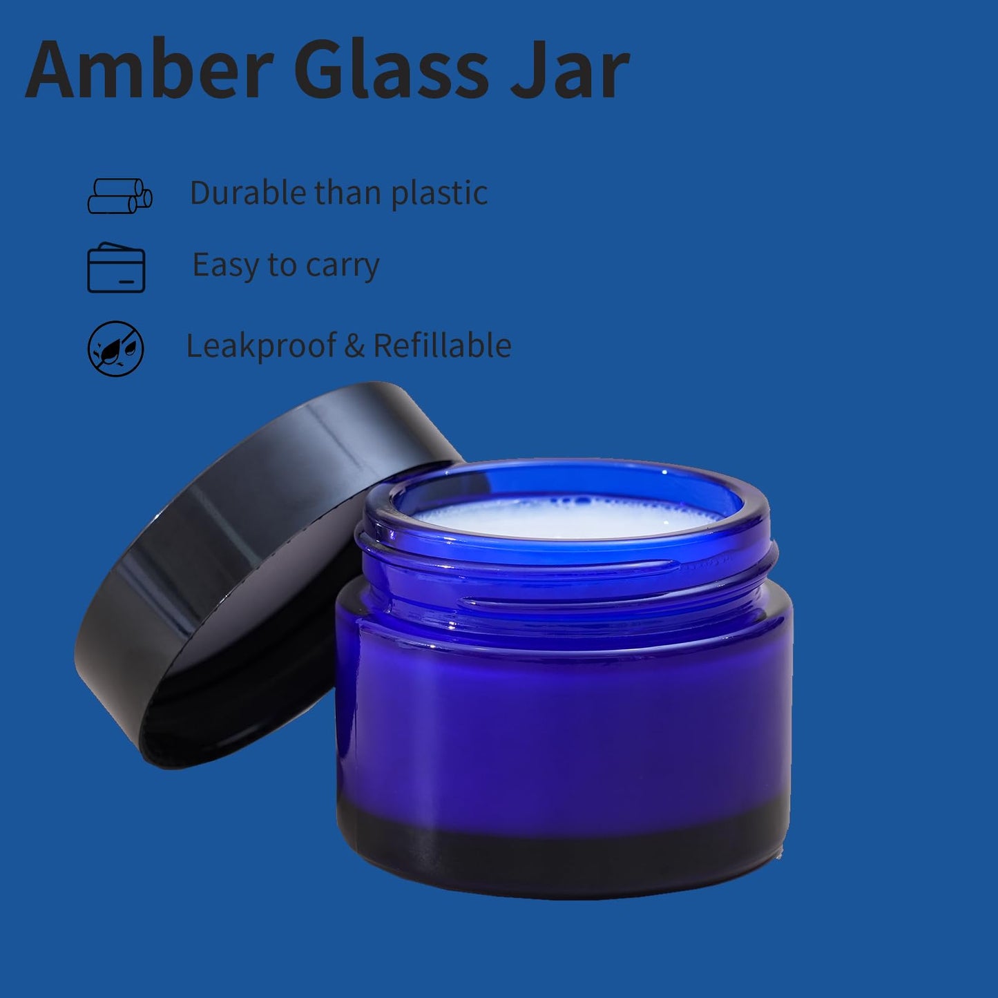 OverNews 4PCS 2oz Glass Jar Travel Size, Empty Cosmetic Lotion Container with Black Lid & Spatula, Small Mini Jar for Beauty (Blue)