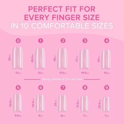 Crease-Proof, Shatter-Resistant Coffin Nail Tips (500 PCS - 10 Sizes) NYK1 Clear Nail Tips For All Gels And Acrylic Nails Extensions - Easy Blend, No C Curve & Easy-to-Trim For Custom Fit