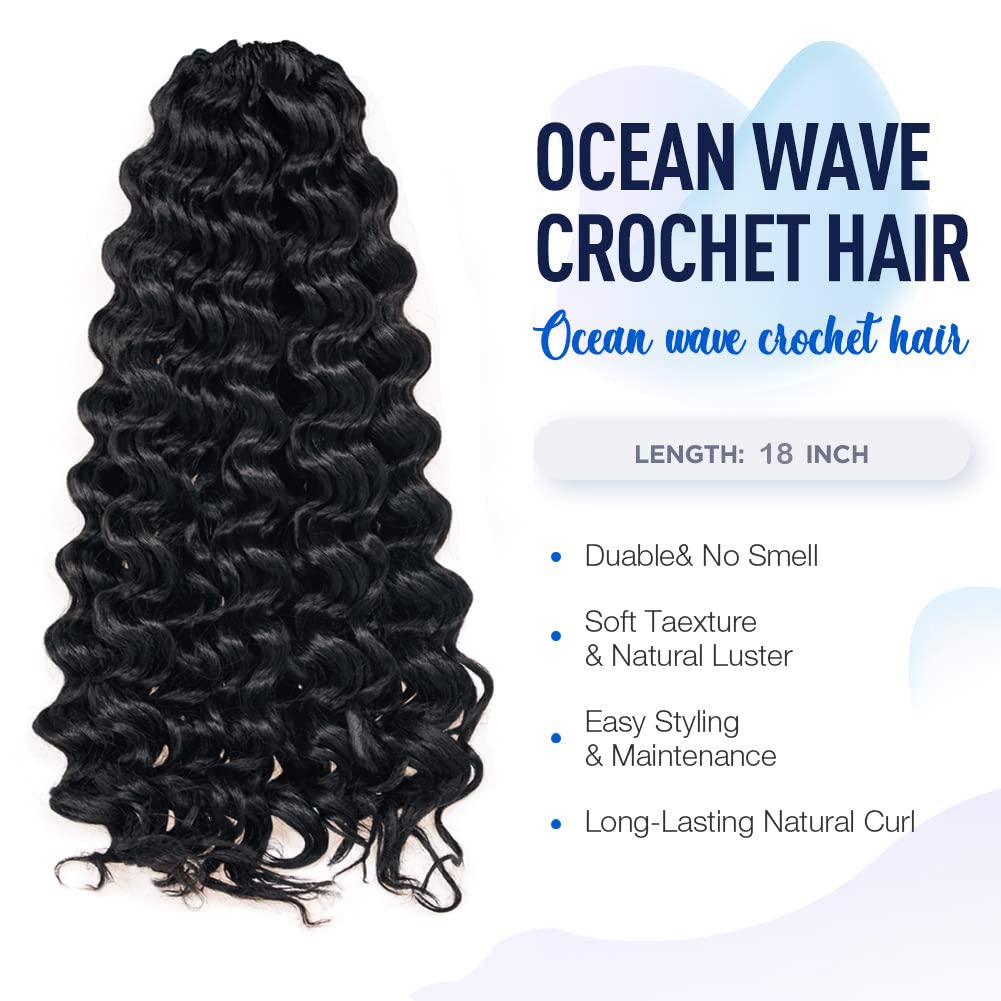 ToyoTree Ocean Wave Crochet Hair - 18 Inch 8 Packs Natural Black Long Curly Deep Wave Crochet Hair, Synthetic Ocean Wave Braiding Hair Extensions (18 Inch,1B-8P)