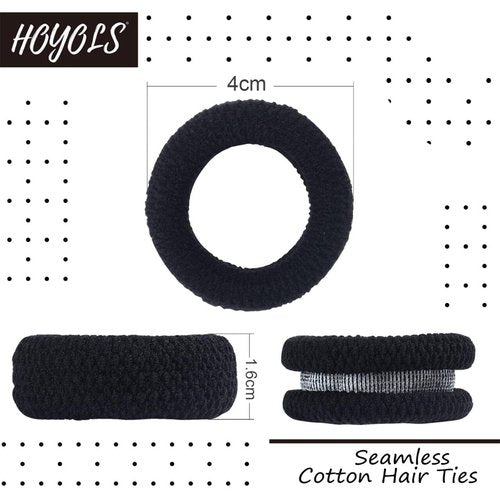 HOYOLS Large Black Hair Ties for Thick Hair, Soft Seamless Cotton Ponytail Holders, No-Damage Strong Bands for Women and Girls, No-Pull Scrunchies Headbands